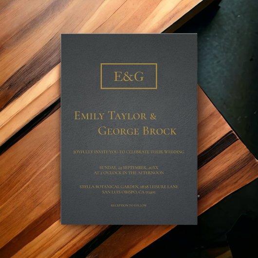 Schwarz und Gold Einfache Monogramm Elegante Hochz Einladung