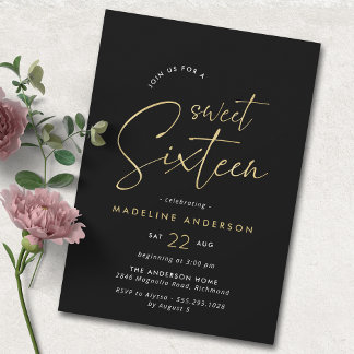 Schwarz und Gold | Einfaches Glam Sweet 16 Geburts Einladung
