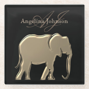 Schwarz und Gold Elefant Elegant Mit Monogramm Glasuntersetzer