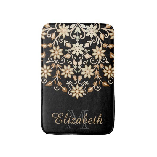 Schwarz und Gold Elegant Blumen Badematte (Vorderseite Vertikal)