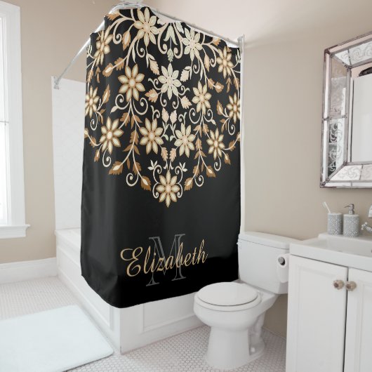 Schwarz und Gold Elegant Blumen Duschvorhang (Beispiel)
