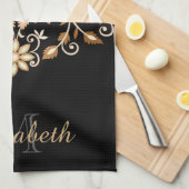 Schwarz und Gold Elegant Blumen Geschirrtuch (Viertel Falte)