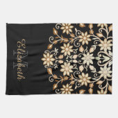 Schwarz und Gold Elegant Blumen Geschirrtuch (Horizontal)