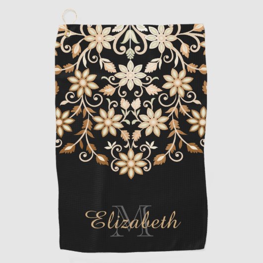 Schwarz und Gold Elegant Blumen Golfhandtuch (Vorderseite)