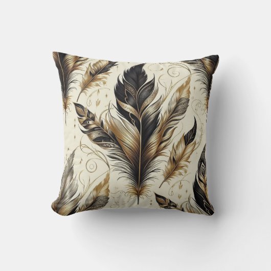 Schwarz und Gold Elegant Feather Cushion Kissen (Vorderseite)