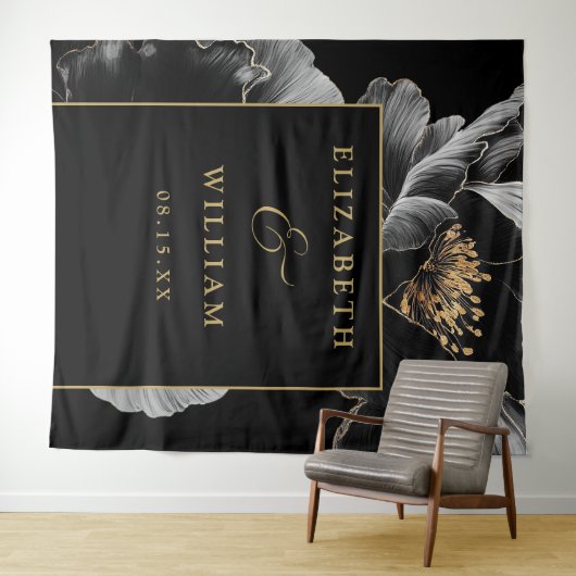 Schwarz und Gold Elegante Blumenzettel Wandteppich (Beispiel (Horizontal))