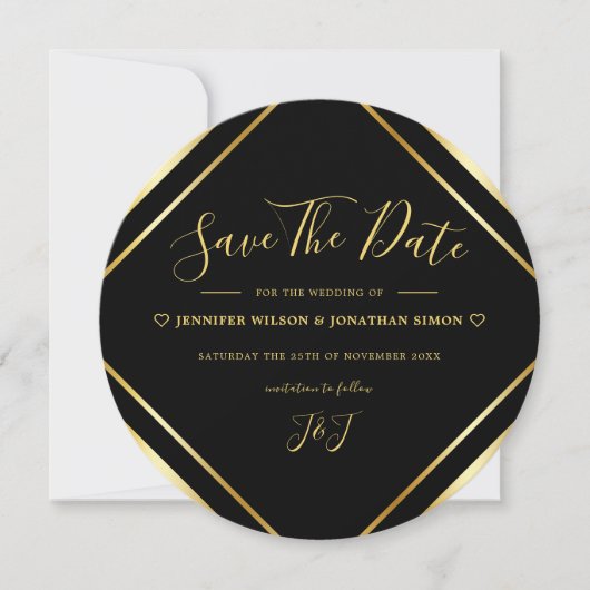 Schwarz und Gold Elegante Einfache Runde Moderne Save The Date (Vorderseite)