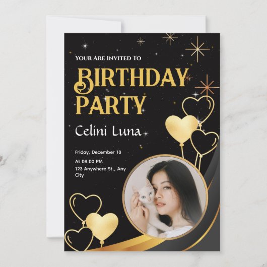 Schwarz und Gold Elegante Glückwunsch zum Geburtst Einladung (Vorderseite)