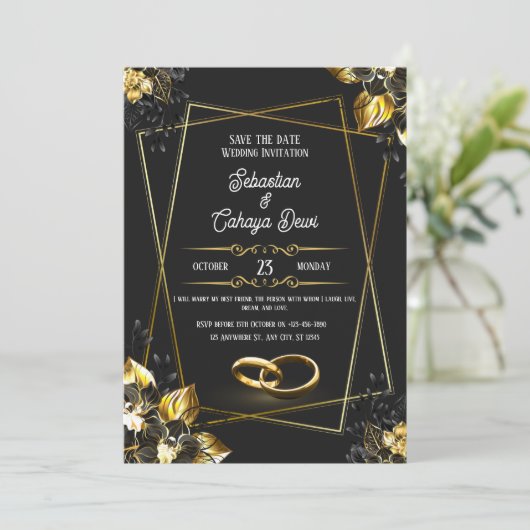 Schwarz und Gold Elegante Hochzeit Einladung (Stehend Vorderseite)