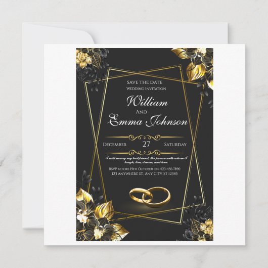 Schwarz und Gold Elegante Hochzeit Feiertagskarte (Vorderseite)