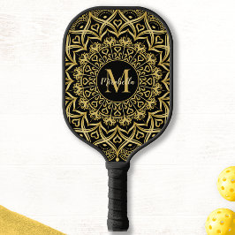 Schwarz und Gold Elegante Mandala Mit Monogramm Pickleball Schläger