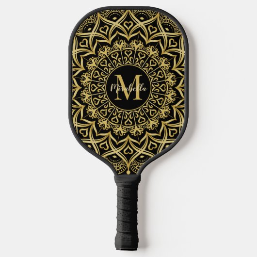 Schwarz und Gold Elegante Mandala Mit Monogramm Pickleball Schläger (Rückseite)