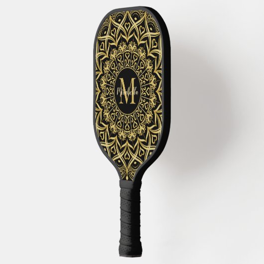 Schwarz und Gold Elegante Mandala Mit Monogramm Pickleball Schläger (Links)