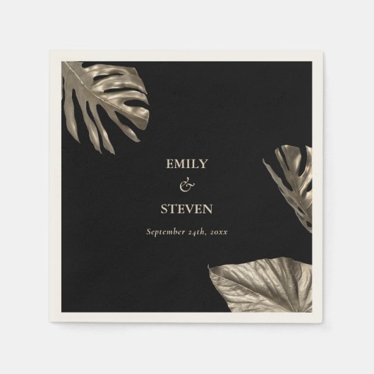 Schwarz und Gold Elegante Moderne botanische Hochz Serviette (Vorderseite)