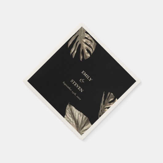 Schwarz und Gold Elegante Moderne botanische Hochz Serviette (Ecke)