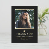 Schwarz und Gold Elegante Modernes Foto Abschluss Dankeskarte (Stehend Vorderseite)