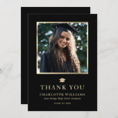 Schwarz und Gold Elegante Modernes Foto Abschluss Dankeskarte (Vorne/Hinten)