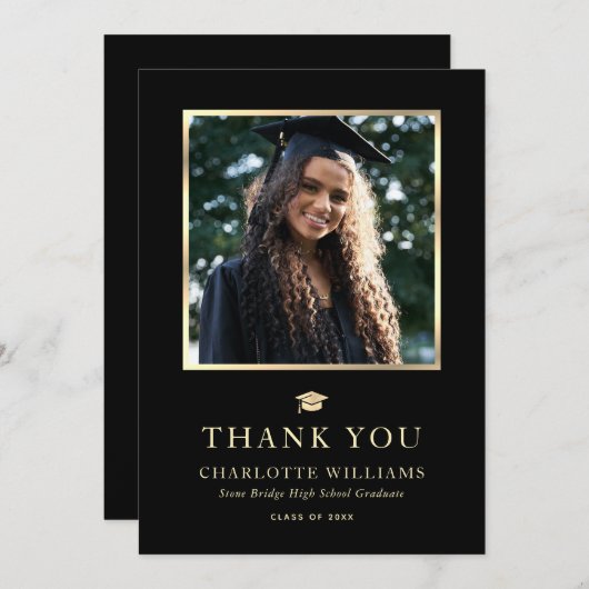 Schwarz und Gold Elegante Modernes Foto Abschluss Dankeskarte (Vorne/Hinten)