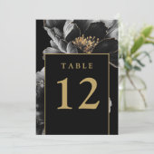 Schwarz und Gold Elegante Tischnummern mit Blumenm (Stehend Vorderseite)
