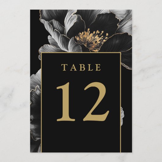 Schwarz und Gold Elegante Tischnummern mit Blumenm (Vorderseite)