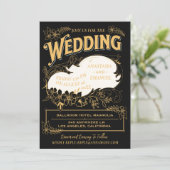 Schwarz und Gold Elegante Verzierte Hochzeit Einladung (Stehend Vorderseite)