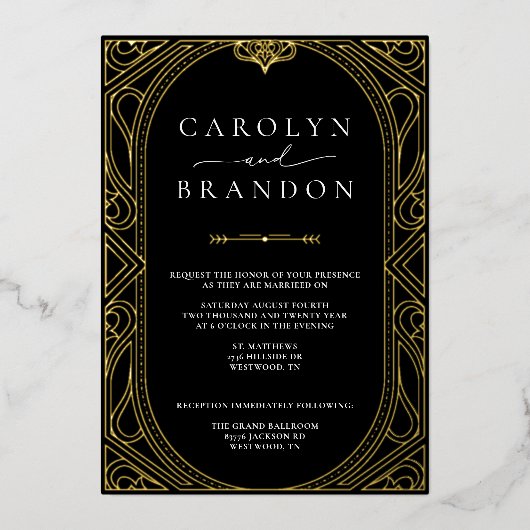 Schwarz und Gold Elegante Verzierte Hochzeitseinla Folieneinladung (Vorderseite)