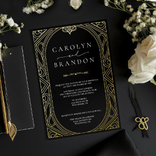 Schwarz und Gold Elegante Verzierte Hochzeitseinla Folieneinladung