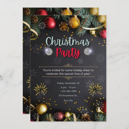 Schwarz und Gold Elegante Weihnachts-Party Einladu Einladung (Vorne/Hinten)