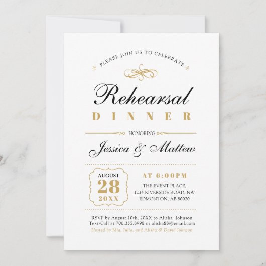 Schwarz und Gold | Elegantes Hochzeitsessen Probe Einladung (Vorderseite)