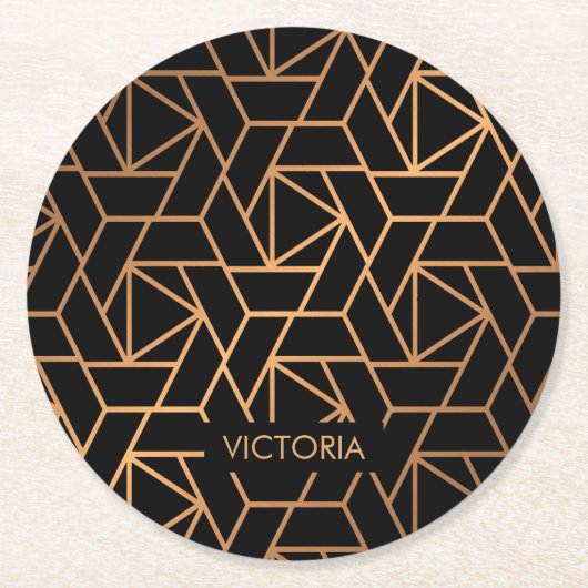 Schwarz und Gold Elegantes Muster Runder Pappuntersetzer (Vorderseite)