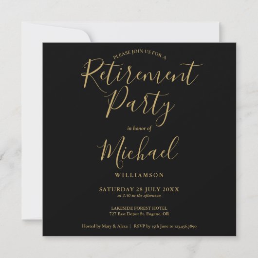Schwarz und Gold Elegantes Script Retirement Party Einladung (Vorderseite)