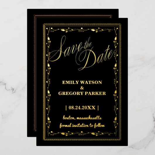 Schwarz und Gold Eleganz, Art Frame Folieneinladung (Vorderseite/Rückseite)