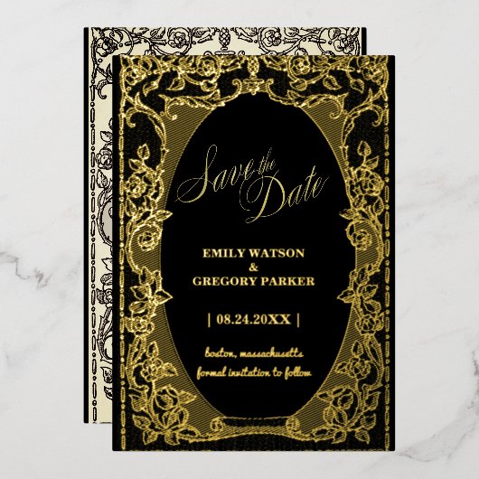 Schwarz und Gold Eleganz, Art Frame Folieneinladung (Vorderseite/Rückseite)