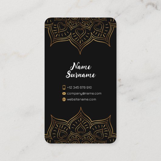 Schwarz und Gold Floral Modernes Indianermuster Telefonnummerkarte (Rückseite)