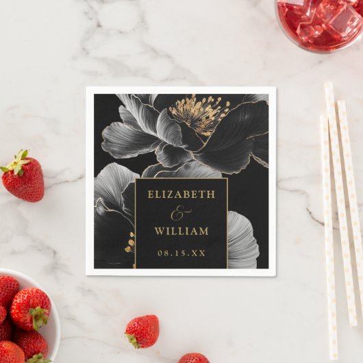 Schwarz und Gold florale Elegante Moderne Hochzeit Serviette (Beispiel)