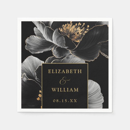 Schwarz und Gold florale Elegante Moderne Hochzeit Serviette (Vorderseite)