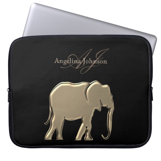Schwarz und Gold Foil Elefant Mit Monogramm Laptopschutzhülle (Vorderseite)