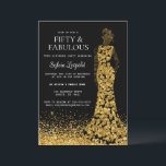 Schwarz und Gold Frauen in Kleid 50. Geburtstag Einladung<br><div class="desc">Silhouette der Frau in elegantem Kleid für ihre "fünfzig und fabelhafte" Geburtstagsparty. Kleid in Gold und Schwarz und Glitzer für ihren Boden. Passen Sie Ihre Daten mit Ihren Party an.</div>