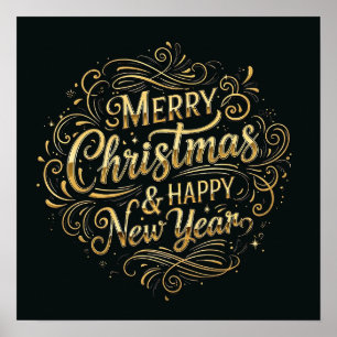 Schwarz und Gold Frohe Weihnachten und Glück im ne Poster