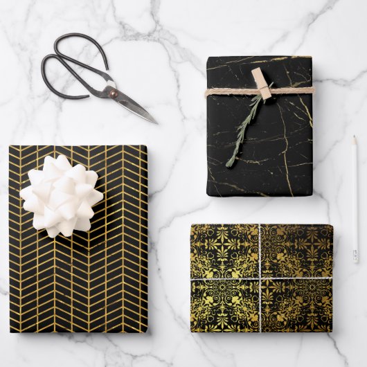 Schwarz und Gold Geschenkpapier Set (Vorderseite)