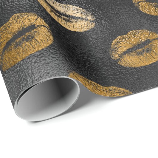 Schwarz und Gold Glam Lips Muster Geschenkpapier (Rolleneckpunkt)