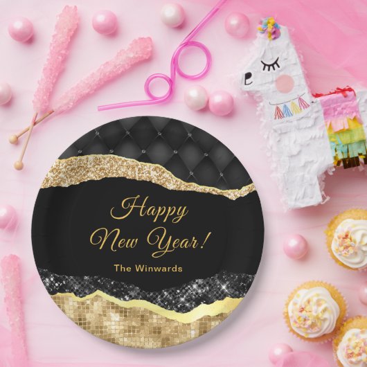 Schwarz und Gold Glam tränen glücklich Neues Jahr Pappteller (Party)