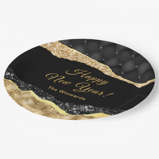 Schwarz und Gold Glam tränen glücklich Neues Jahr Pappteller (Schrägansicht)