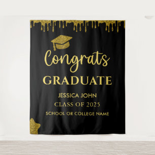 Schwarz und Gold Glitter-Abschlussfoto-Hintergrund Wandteppich