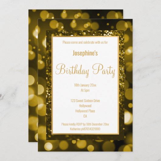 SCHWARZ UND GOLD GLITZER SCHWARZ AM GEBURTSTAG EINLADUNG (Vorne/Hinten)