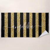 Schwarz und Gold Glitzer Stripes Script-Individuel Strandtuch (Vorderseite)