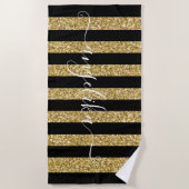 Schwarz und Gold Glitzer Stripes Script-Individuel Strandtuch (Vorderseite)