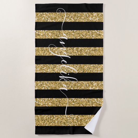 Schwarz und Gold Glitzer Stripes Script-Individuel Strandtuch (Vorderseite)