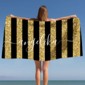 Schwarz und Gold Glitzer Stripes Script-Individuel Strandtuch