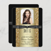 Schwarz und Gold Glitzer Sweet 16 Party Einladung (Vorne/Hinten)